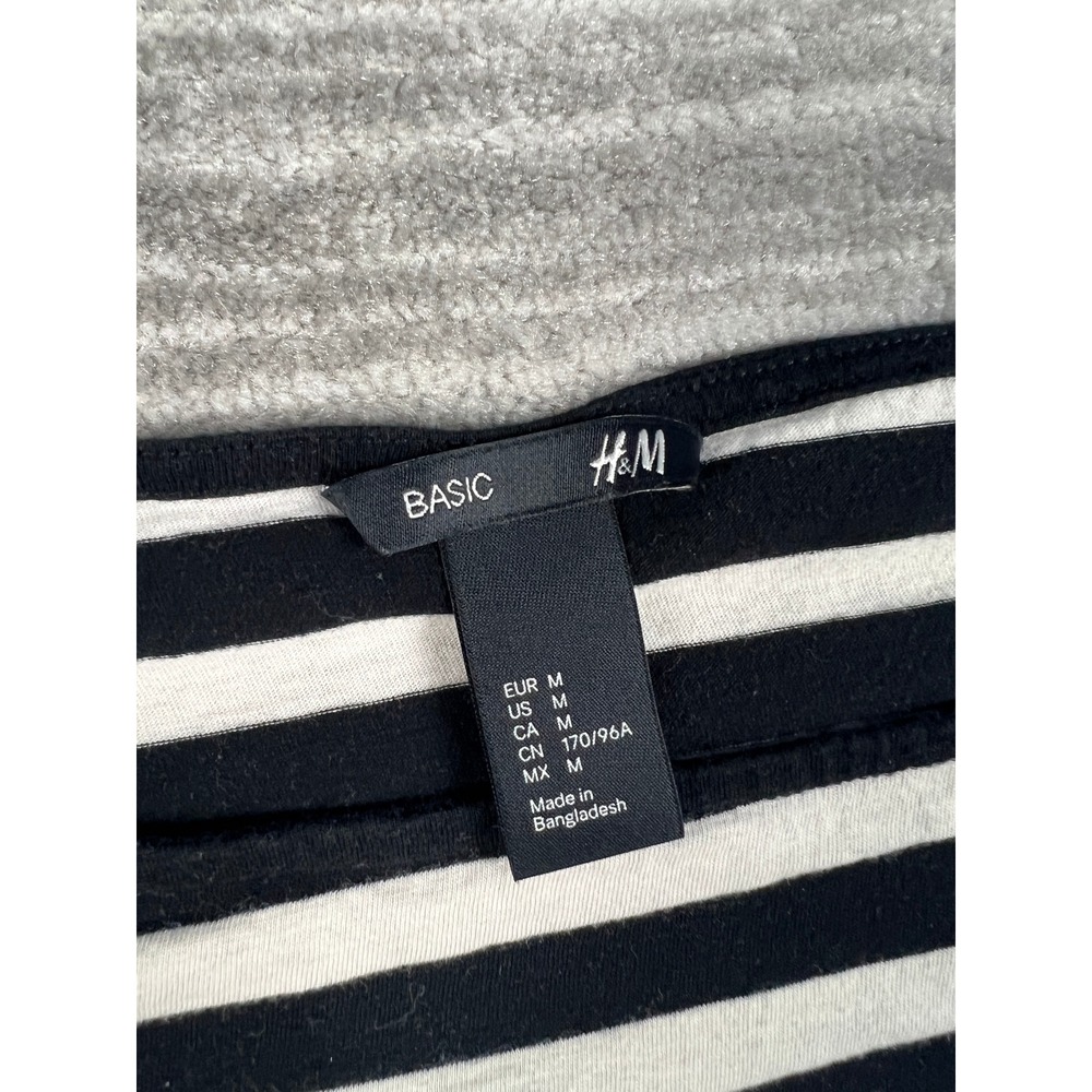 H&M T-Shirt Dress Womens M Black White Striped Boat Neck Drawstring Waist Cotton - Picture 5 of 9